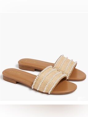 J Crew Raffia Pearl, Flat Slide Sandals Size 8